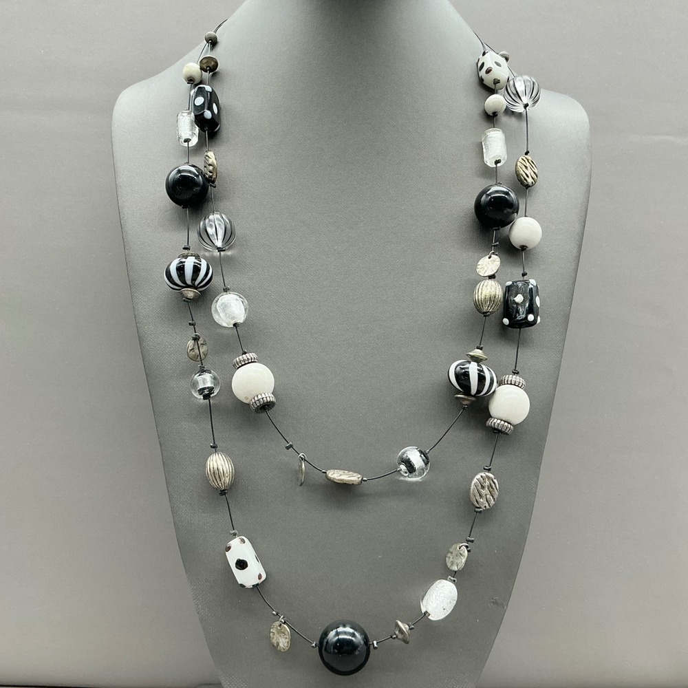 Chicos Double Strand Necklace Women Black White Mixed Bead Polka Dot Striped